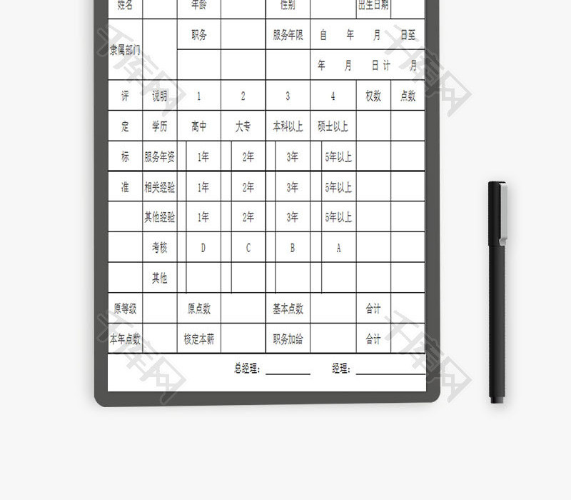 员工工资级数评定表EXCEL模板