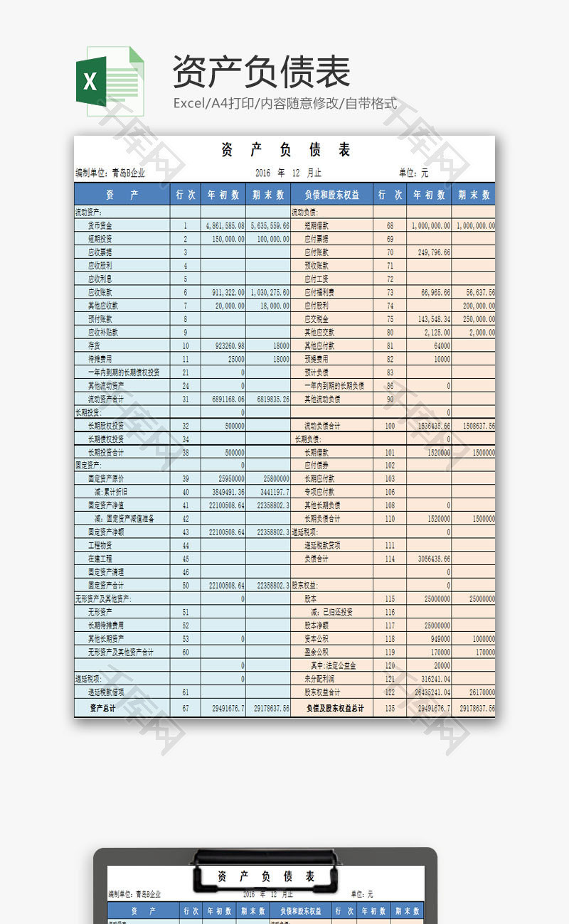 资产负债表EXCEL模板