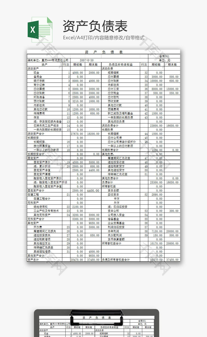 资产负债表excel模板