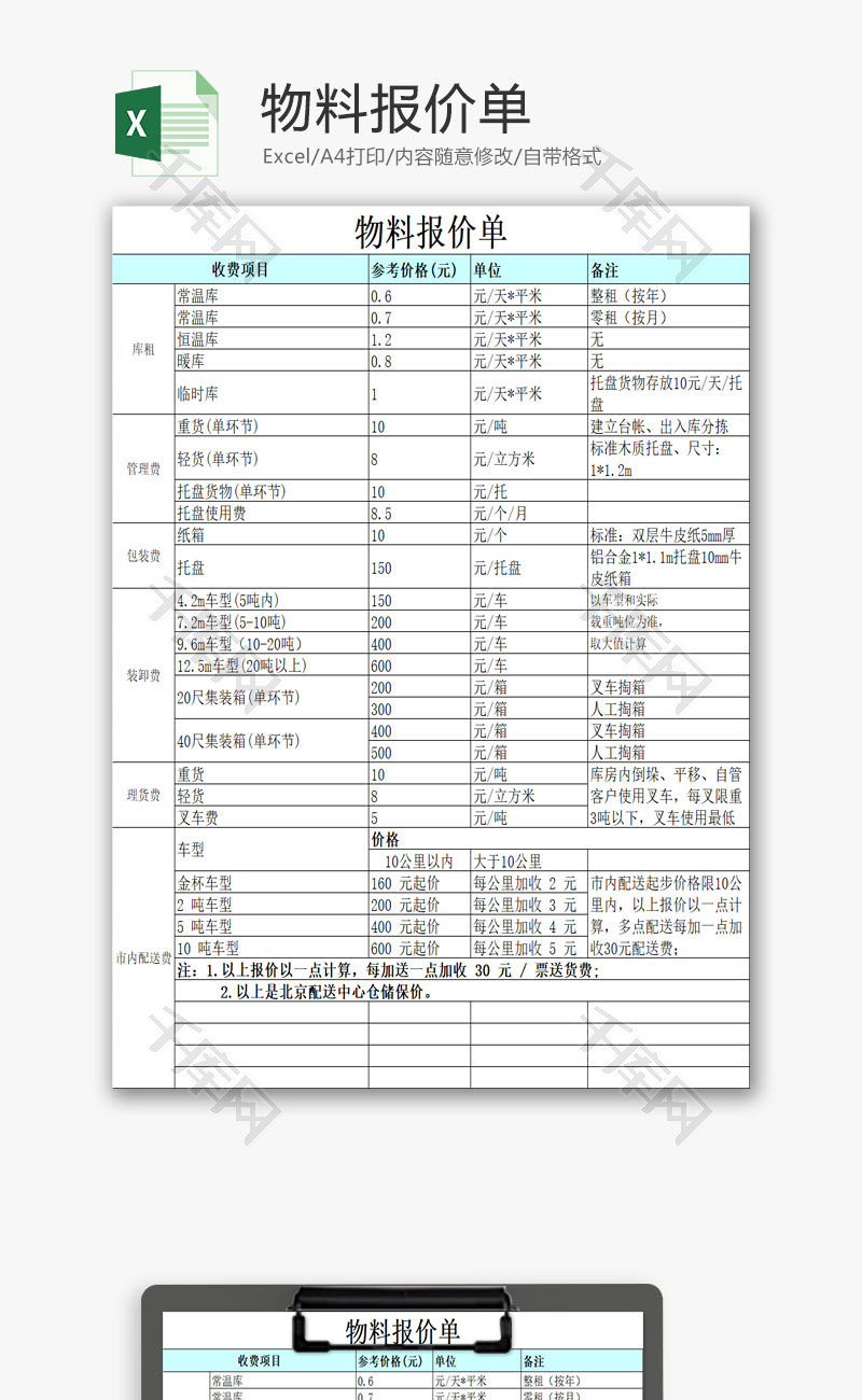 物料报价单EXCEL模板