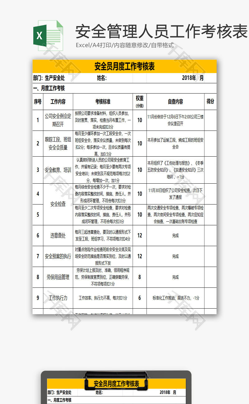 安全管理人员工作考核表EXCEL模板