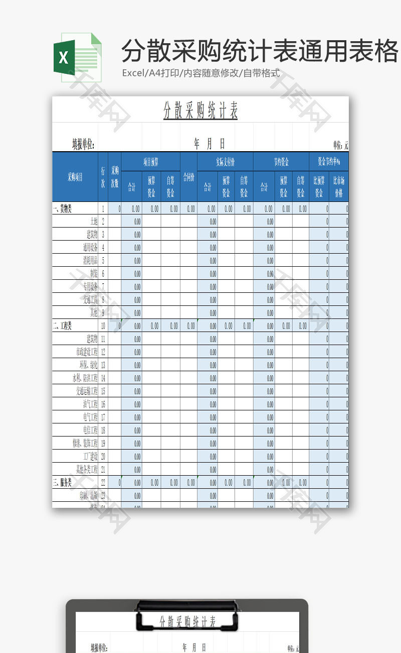 分散采购统计表通用表格EXCEL模板