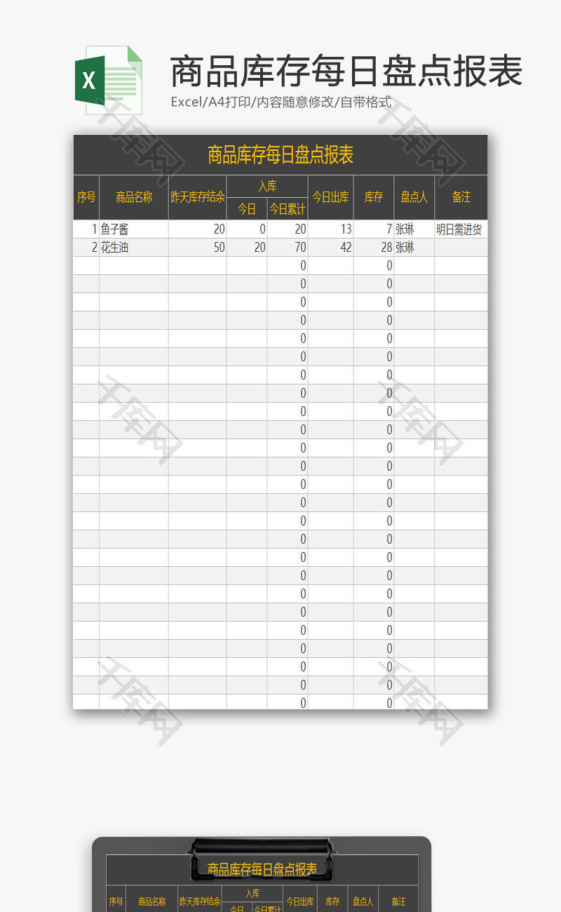 商品库存每日盘点报表EXCEL模板