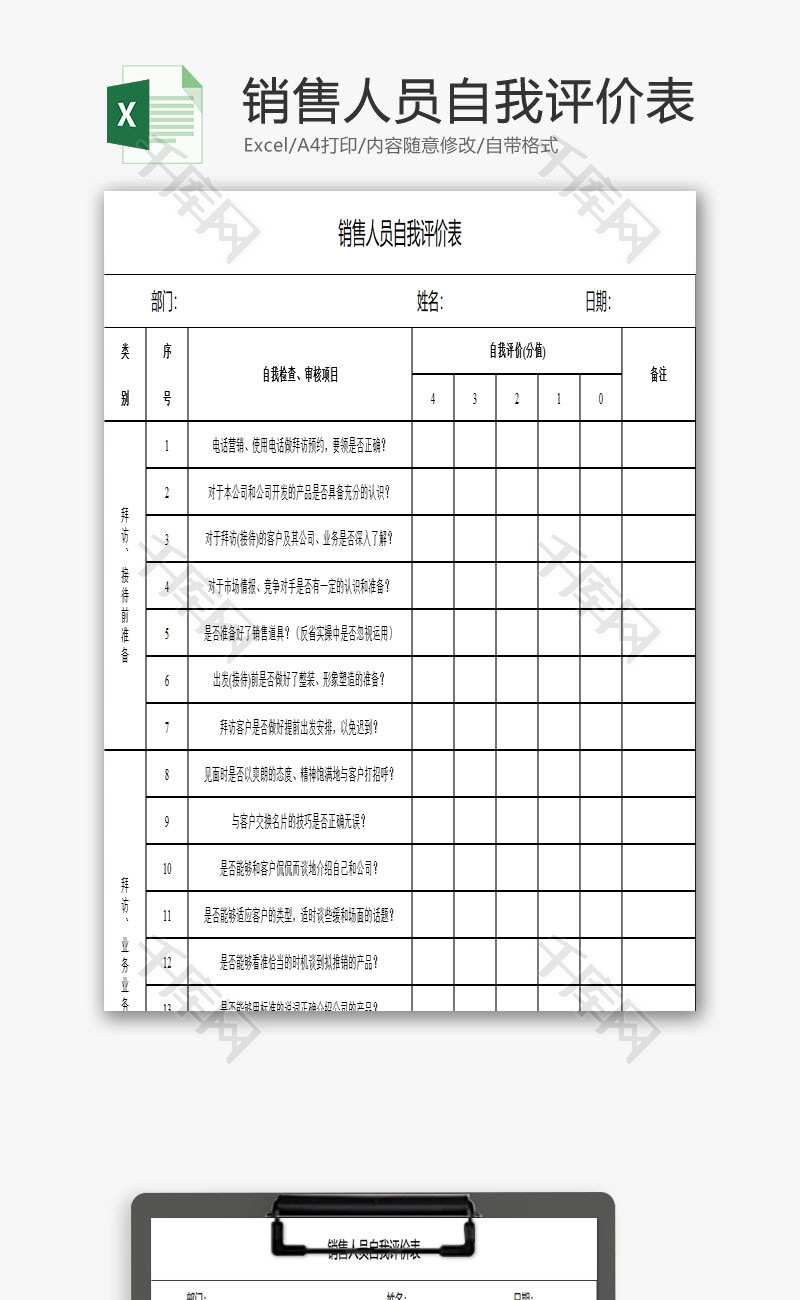 销售人员自我评价表EXCEL模板