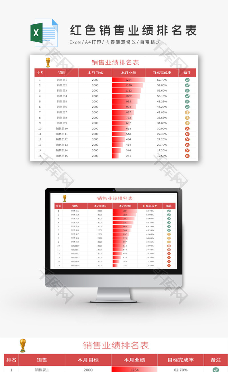 红色销售业绩排名表Excel模板