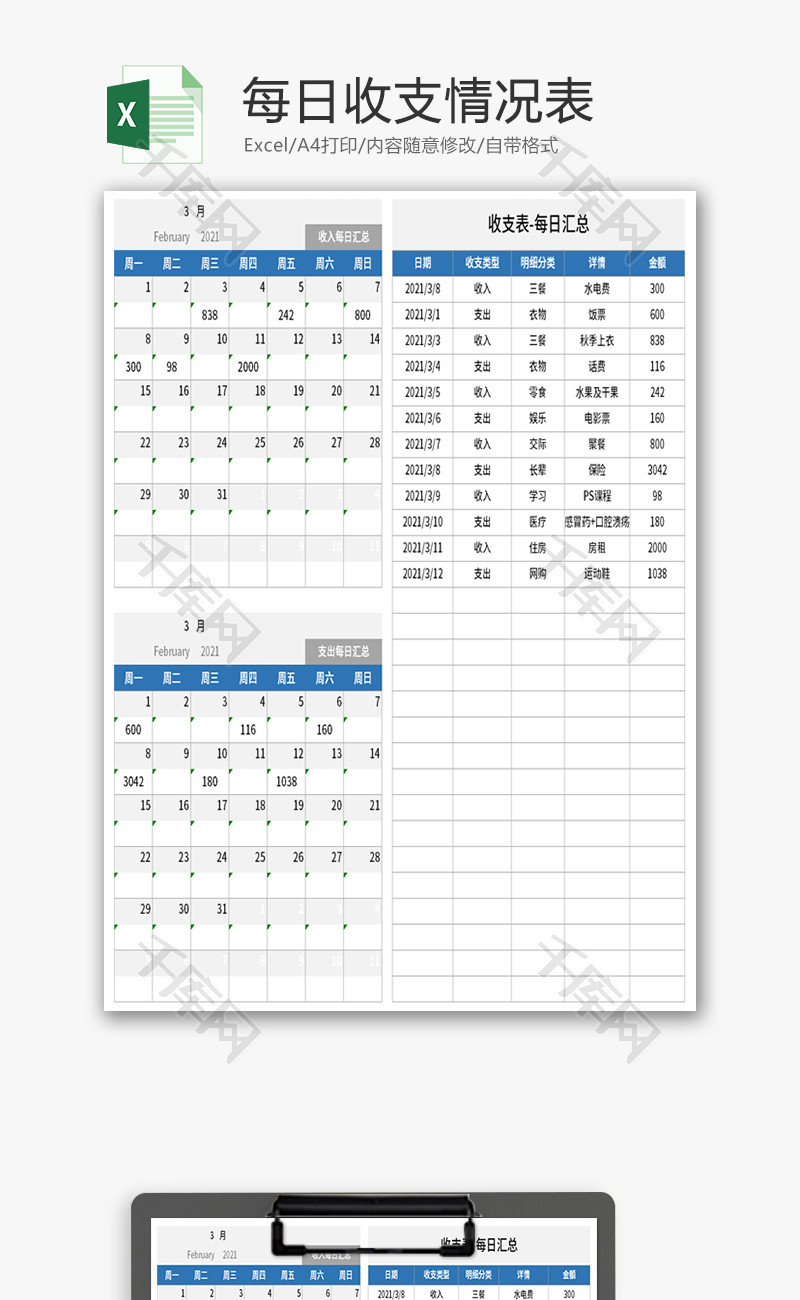 每日收支情况表Excel模板