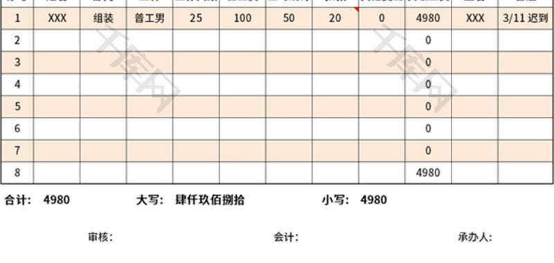 临时工工资表Excel模板