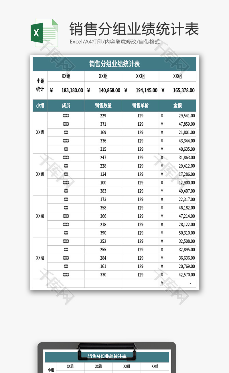 销售分组业绩统计表Excel模板