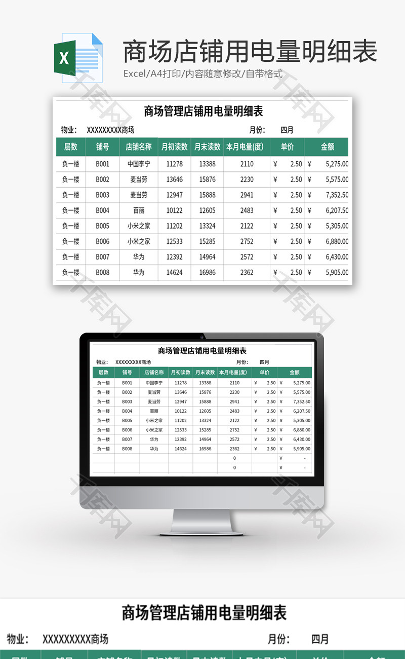 商场管理店铺用电量明细表Excel模板