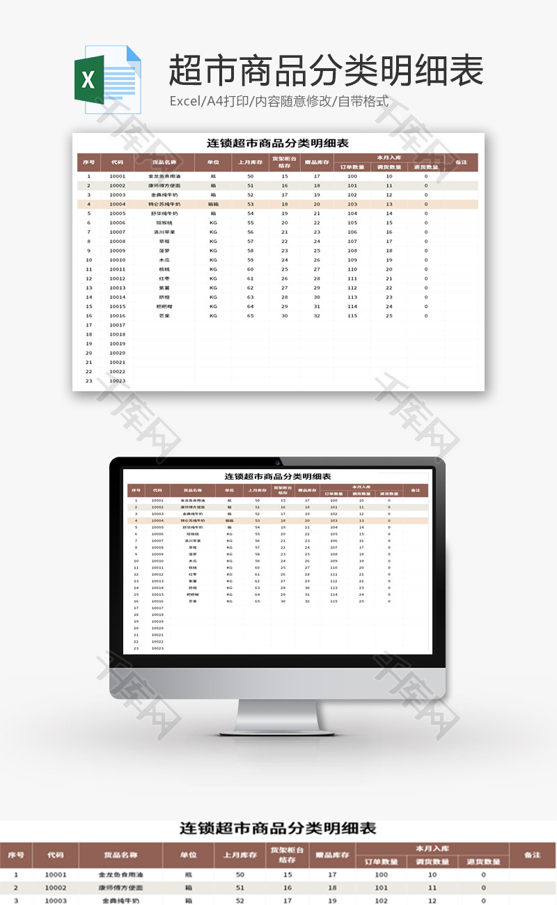 超市商品分类明细表Excel模板