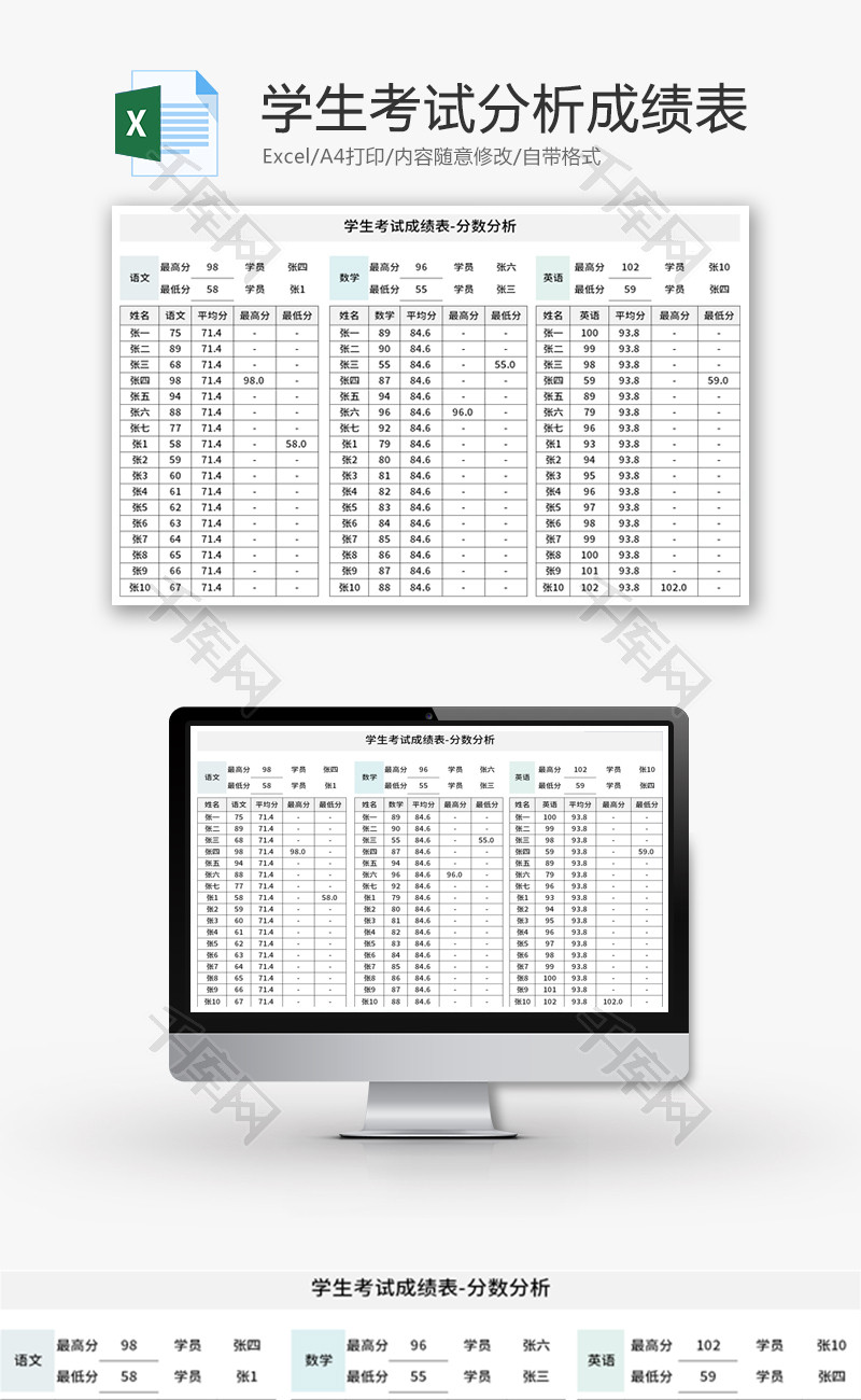 学生考试成绩分析表Excel模板