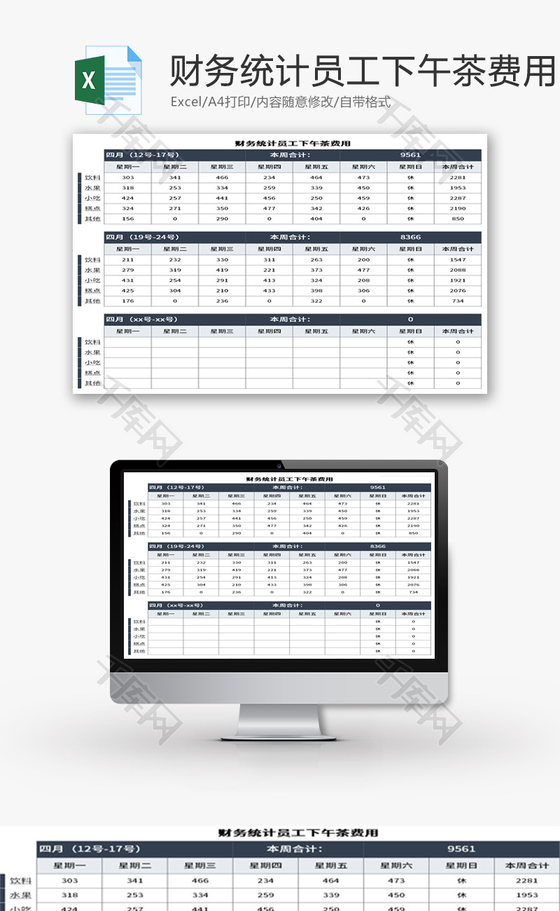 财务统计员工下午茶费用Excel模板