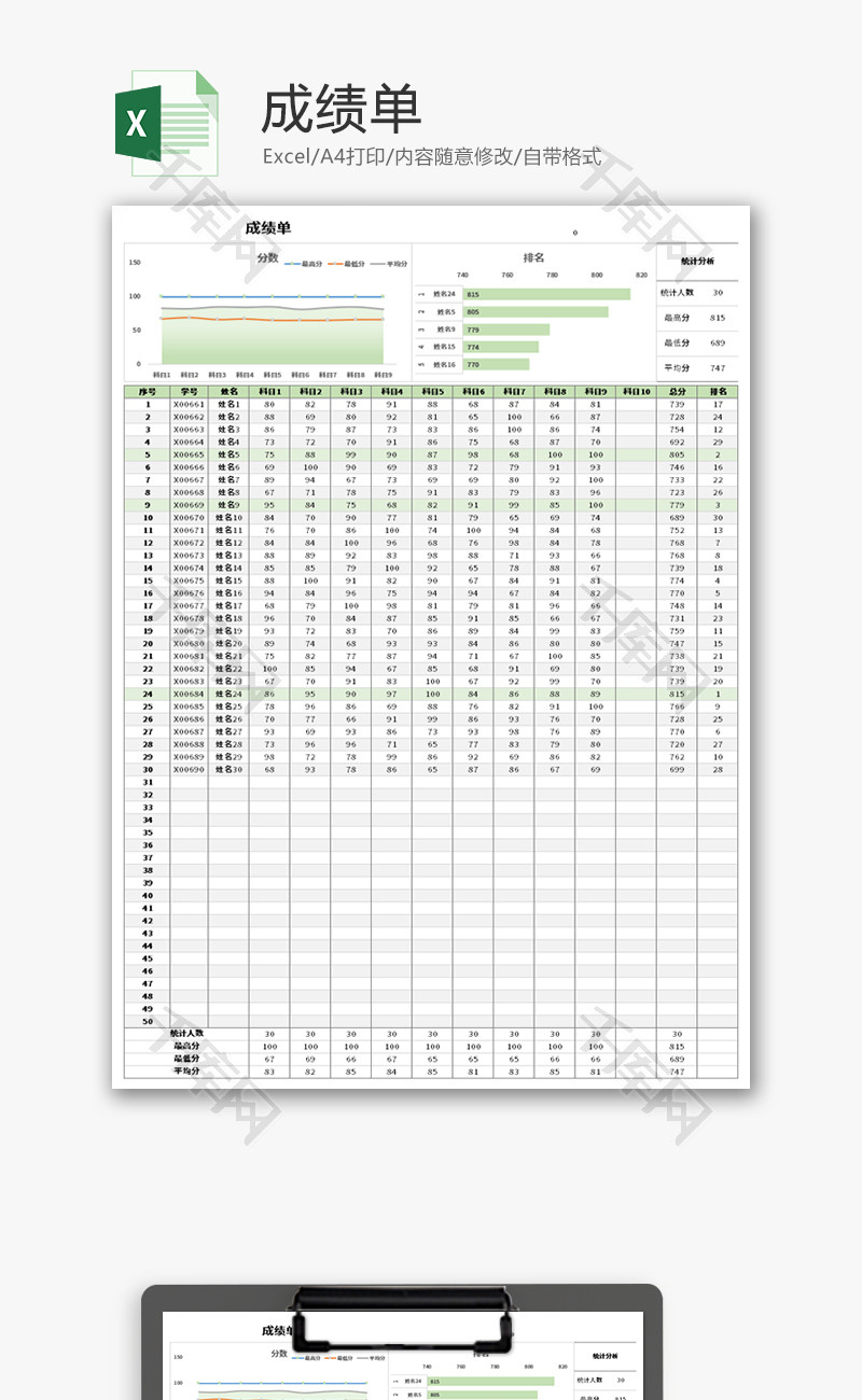成绩单Excel模板