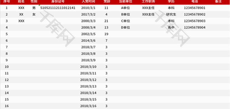 党员党龄统计表Excel模板 党员党龄统计表Excel模板