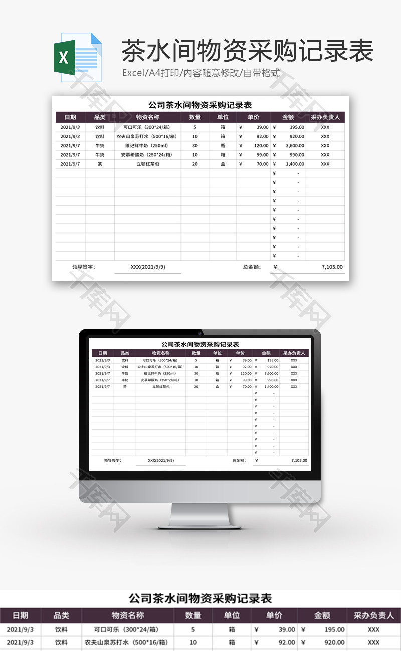 公司茶水间物资采购记录表Excel模板