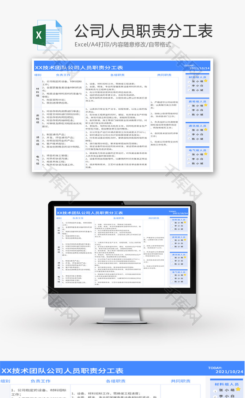 技术团队公司人员职责分工表Excel模板