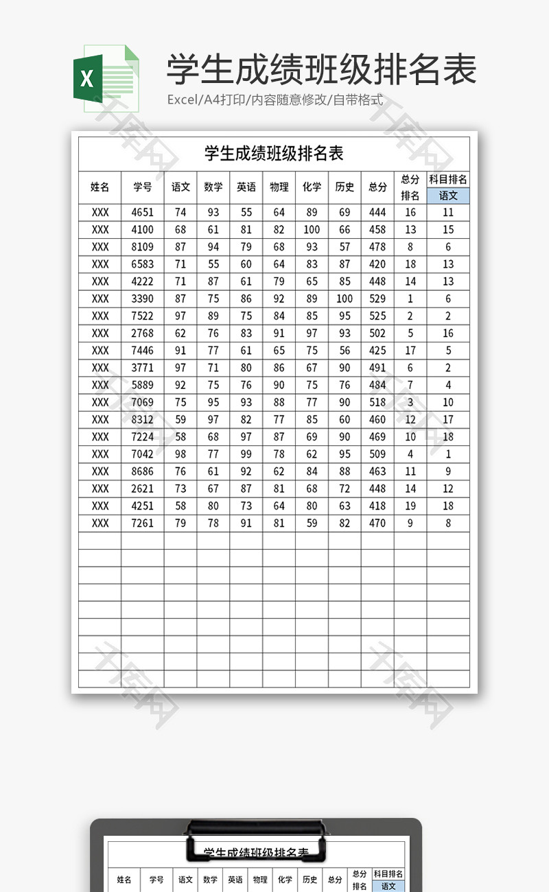 学生成绩班级排名表Excel模板