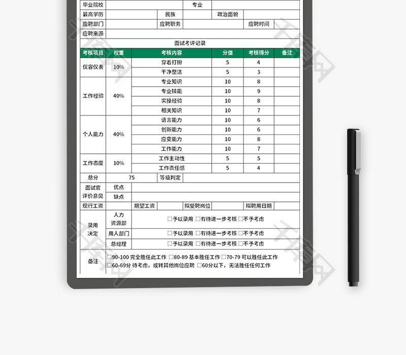 面试成绩评定表Excel模板
