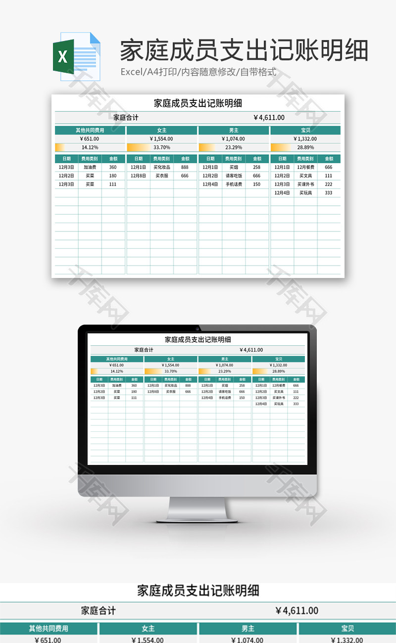 家庭成员支出记账明细Excel模板