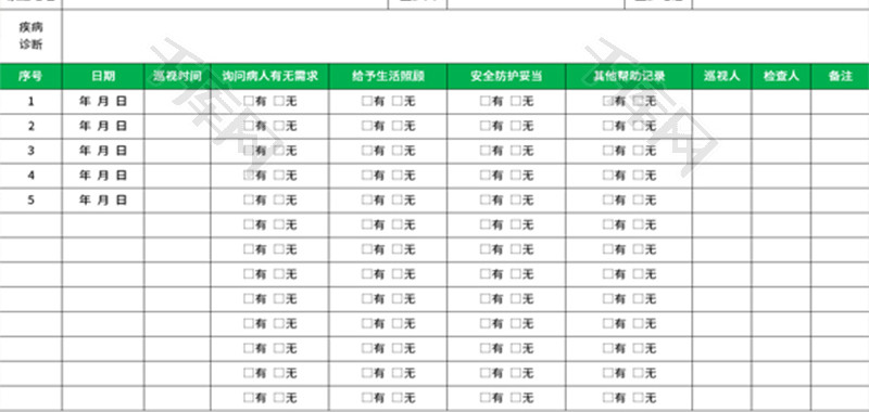 预防跌倒坠床护理巡视表Excel模板