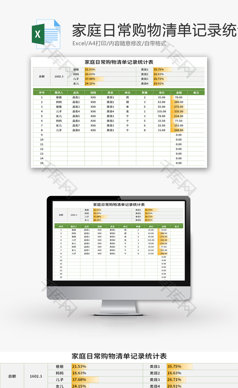 家庭日常购物清单记录统计表Excel模板