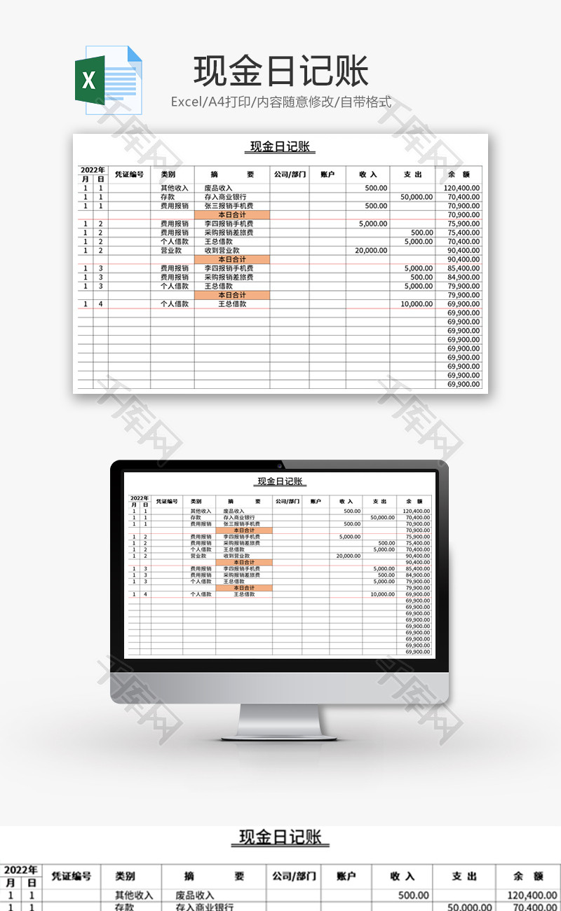 现金日记账Excel模板