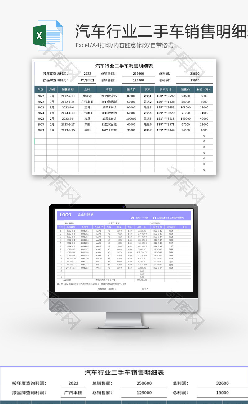 汽车行业二手车销售明细表Excel模板