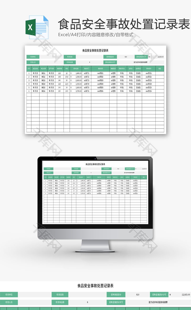 食品安全事故处置记录表Excel模板