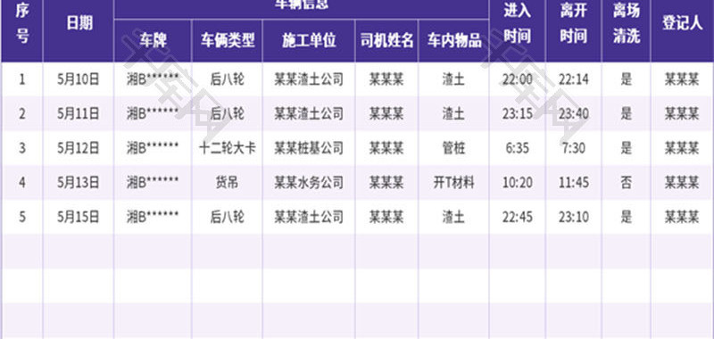 施工车辆出入登记表Excel模板