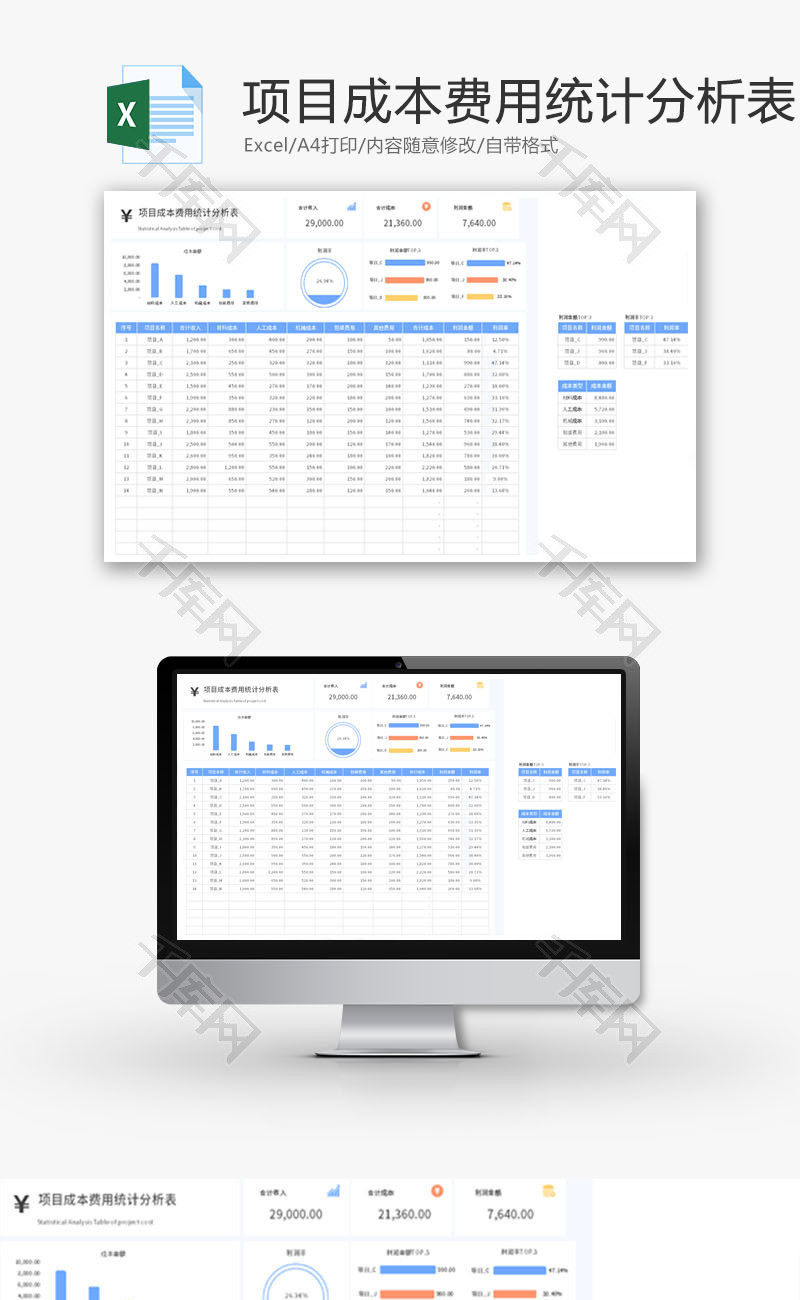 项目成本费用统计分析表Excel模板