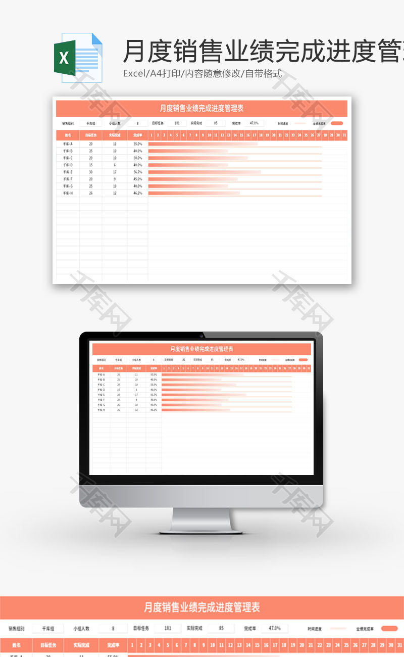 月度销售业绩完成进度管理表Excel模板