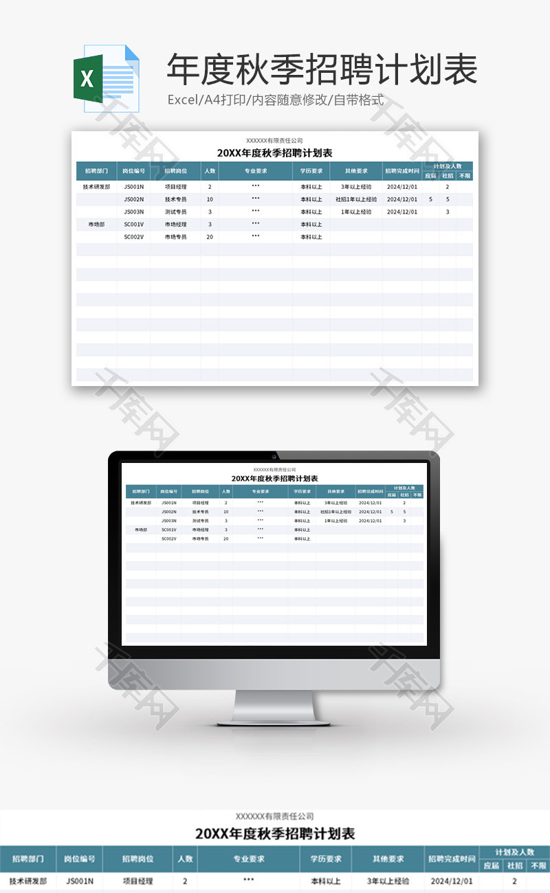 年度秋季招聘计划表Excel模板