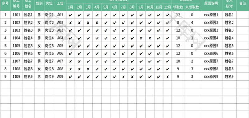 职工福利领取统计表Excel模板