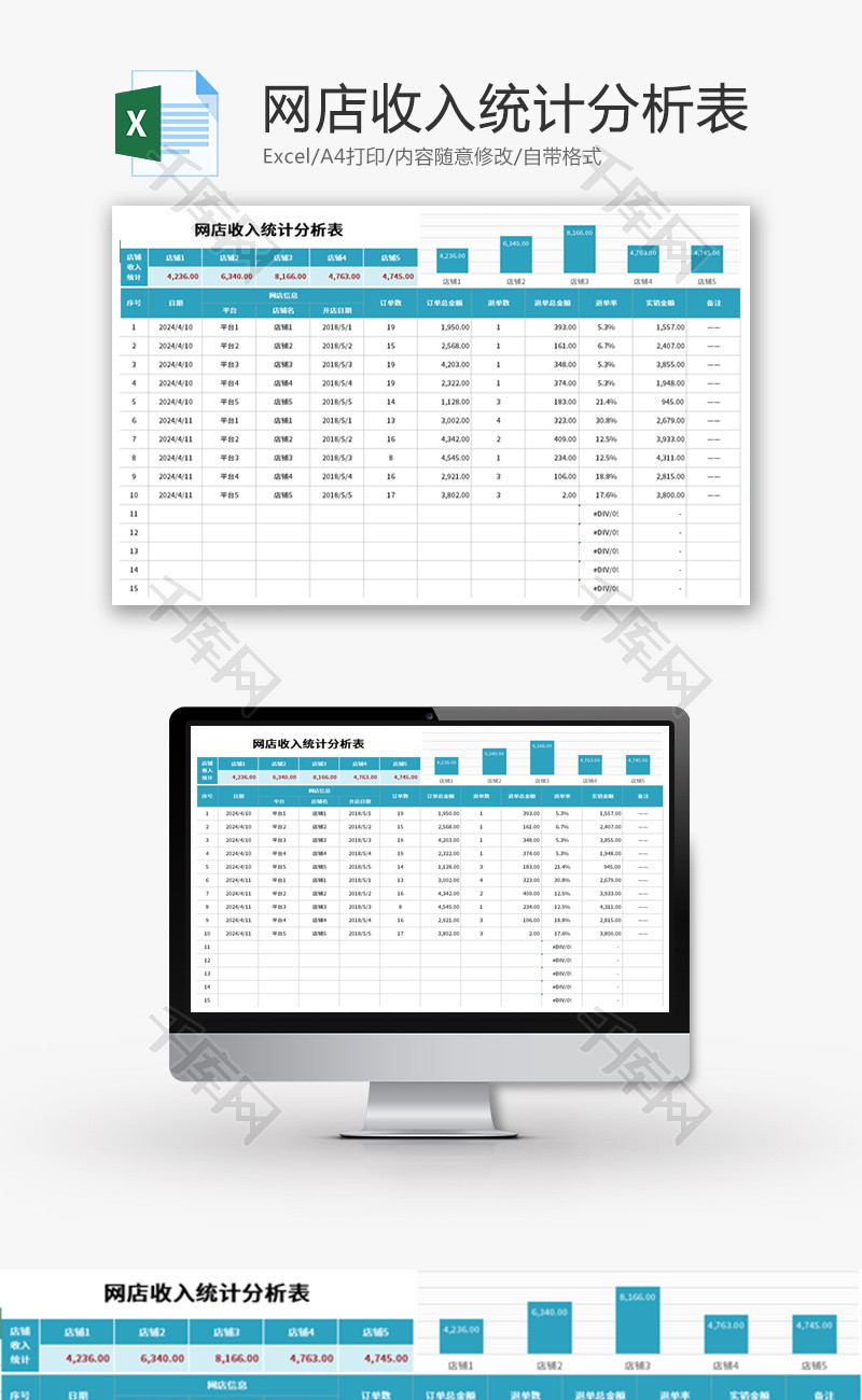 网店收入统计分析表Excel模板