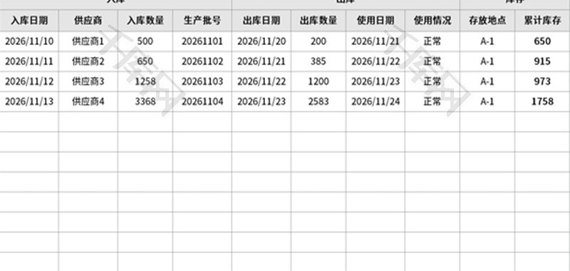 原材料出入库登记表Excel模板
