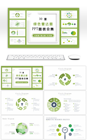 商务图表PPT模板_30套绿色雷达图PPT商务图表合集