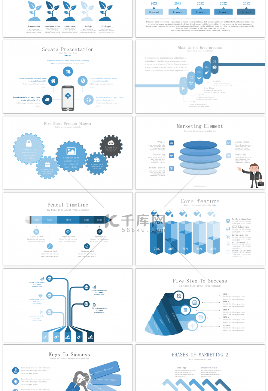 30套蓝色五项并列关系PPT图表合集