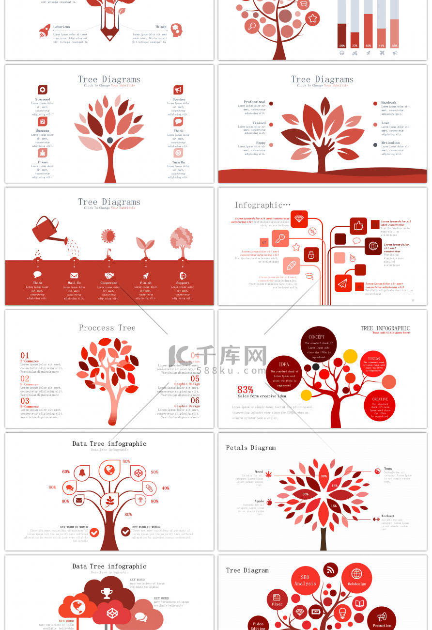 30套红色树杈PPT图表合集