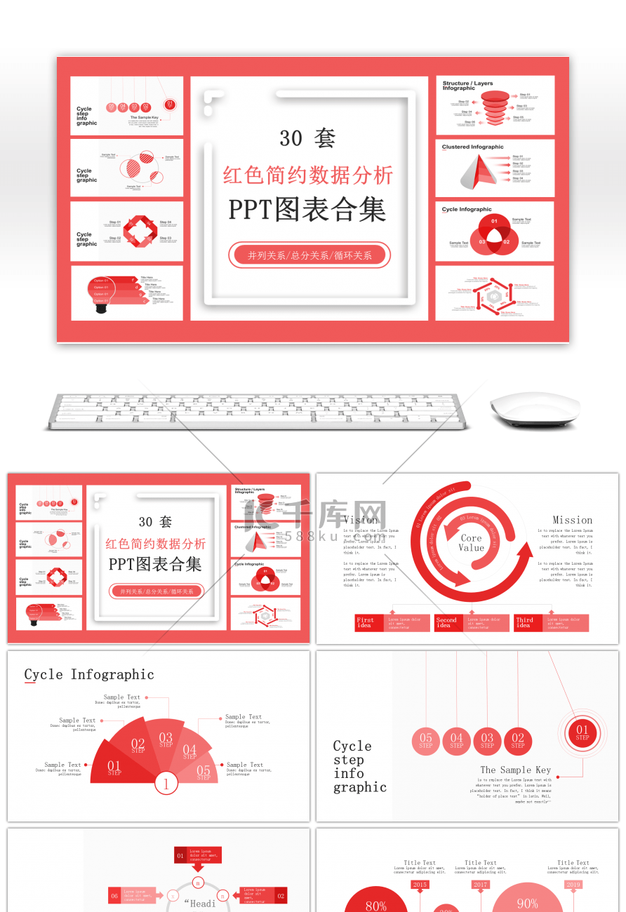 30套红色简约数据分析PPT图表合集