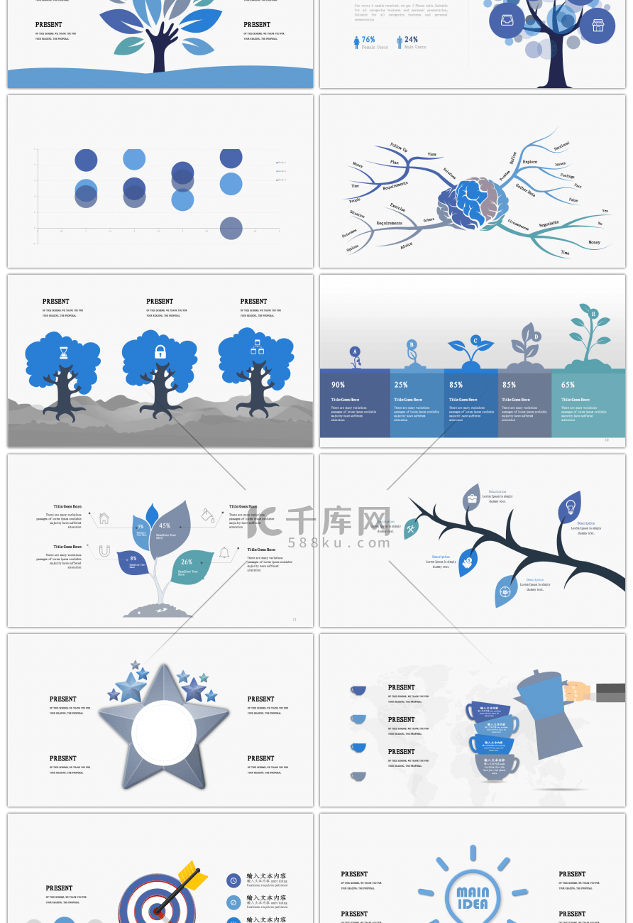 30套蓝色创意总分关系PPT图表合集