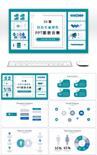 30套动态孔雀绿色商务PPT图表合集