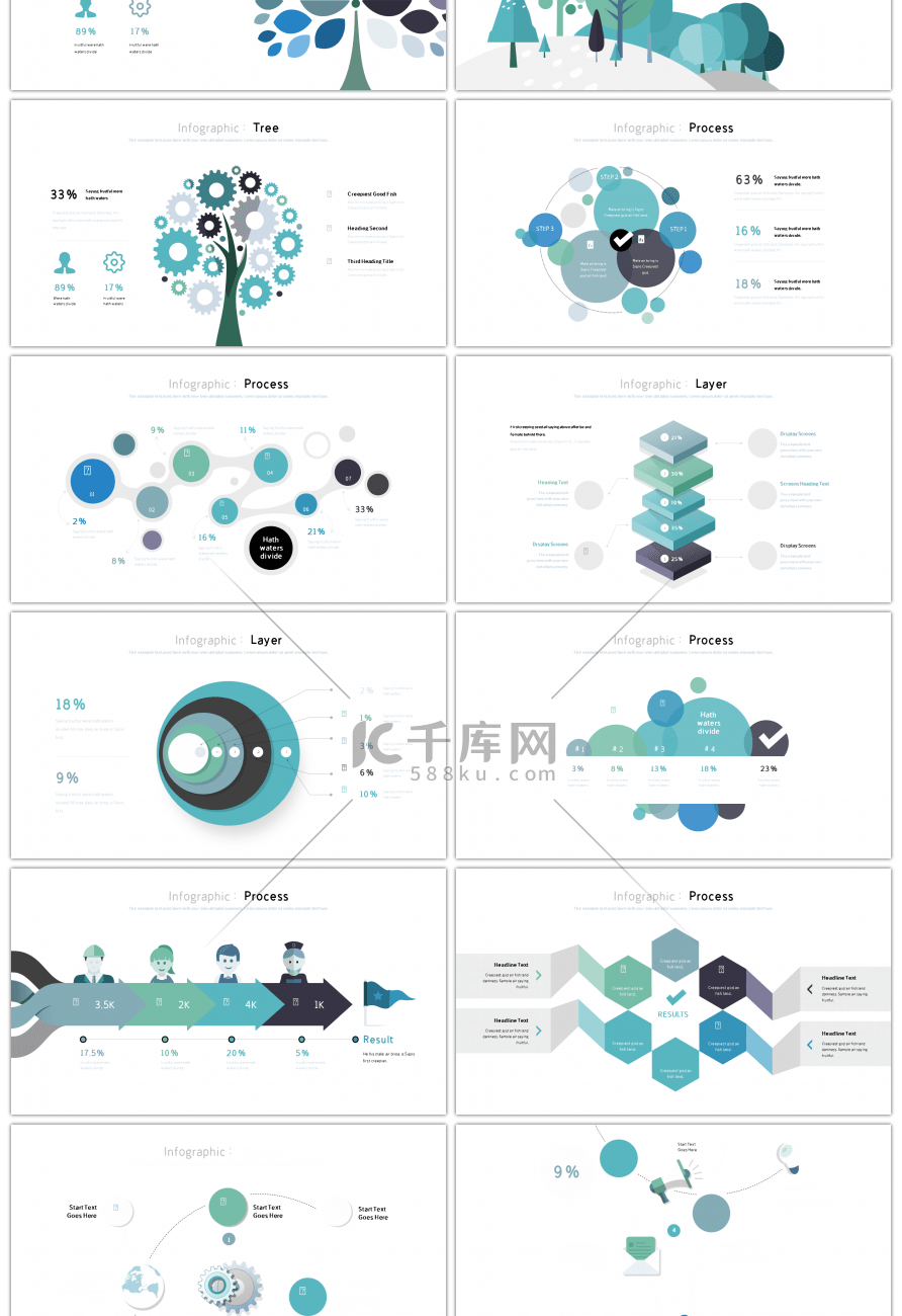 30套水蓝色创意商务PPT图表合集