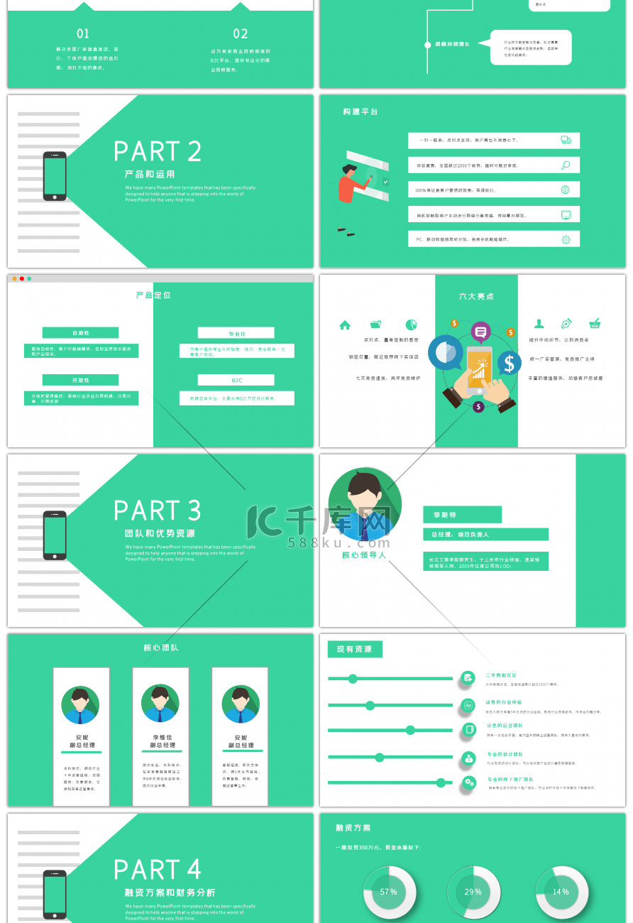 清新绿色扁平化商业项目计划PPT模板