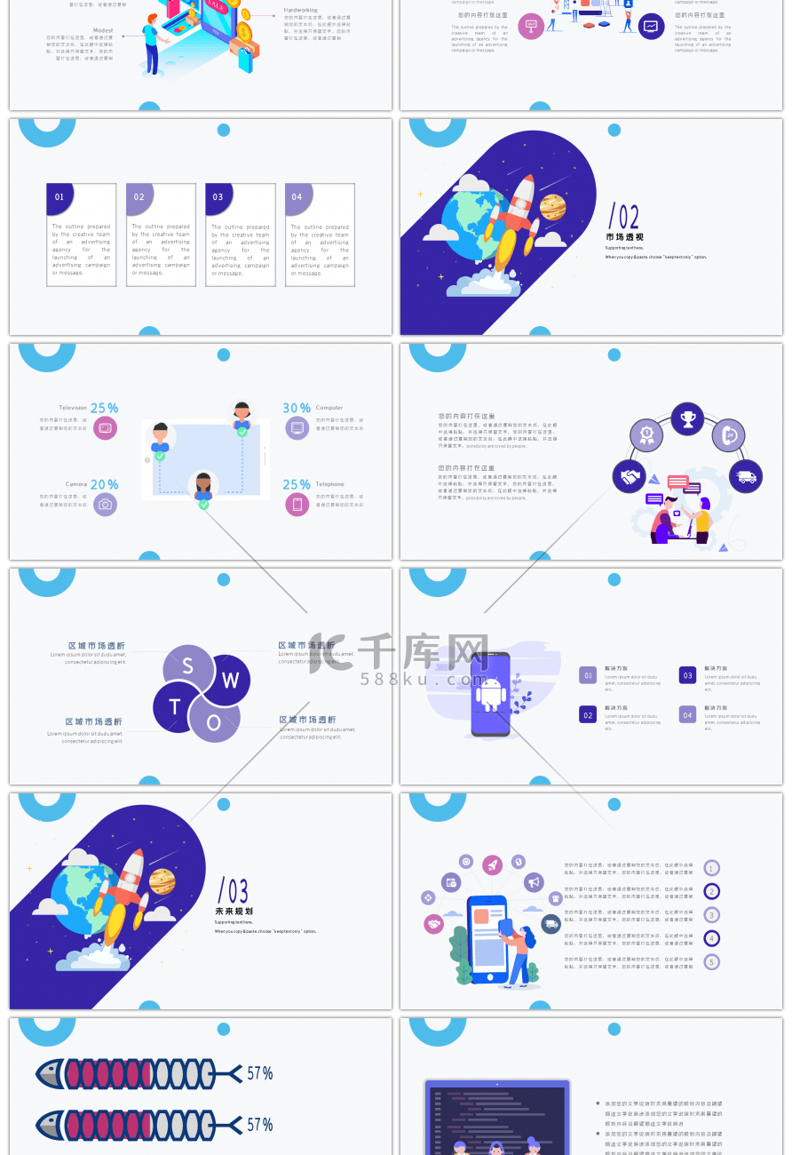 蓝色扁平简约商业计划书ppt模板