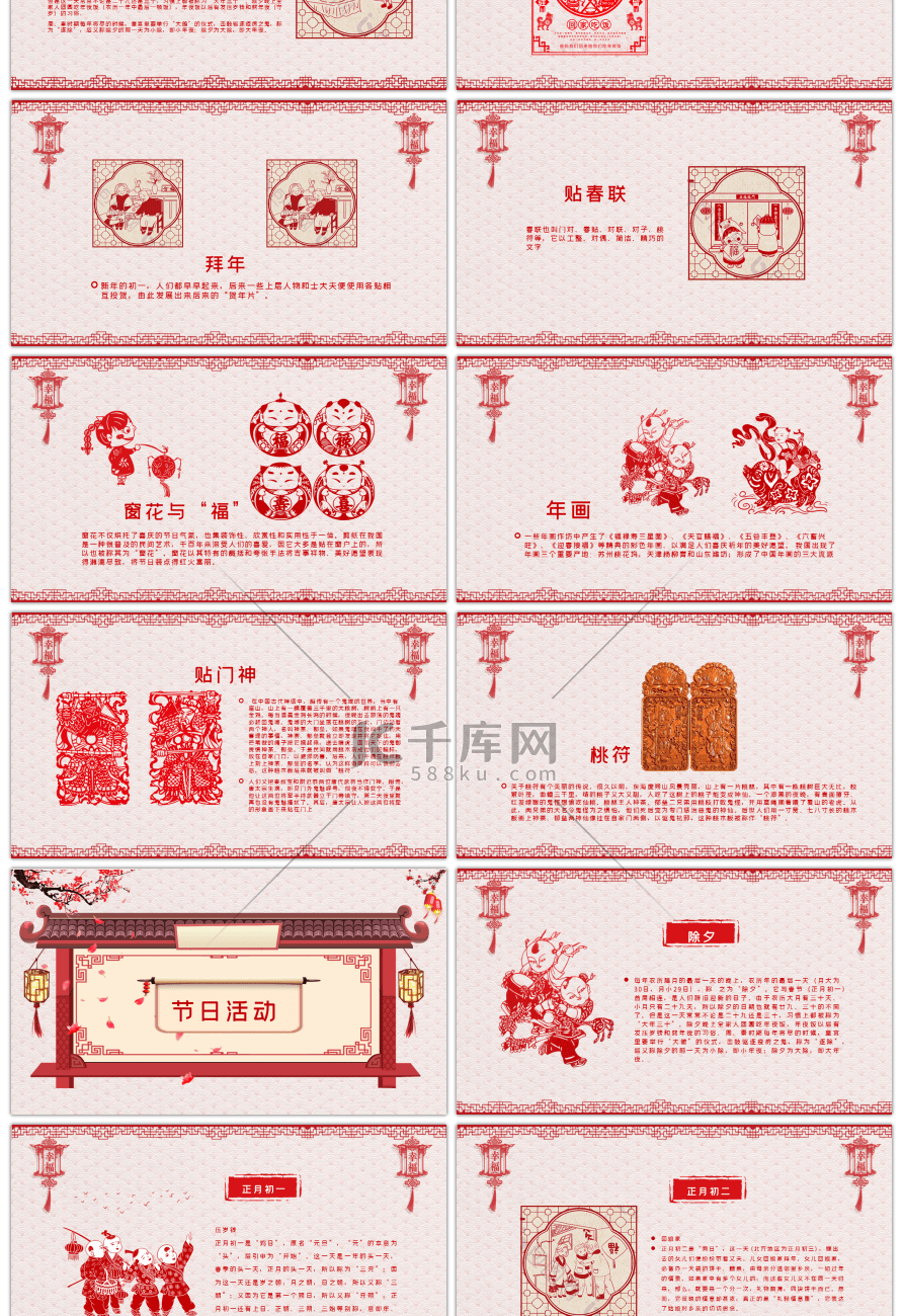 剪纸风格中国传统节日春节习俗PPT模板