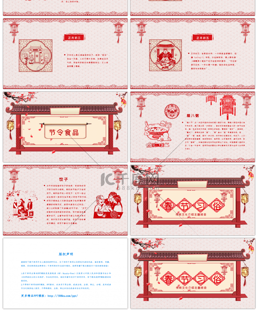 剪纸风格中国传统节日春节习俗PPT模板