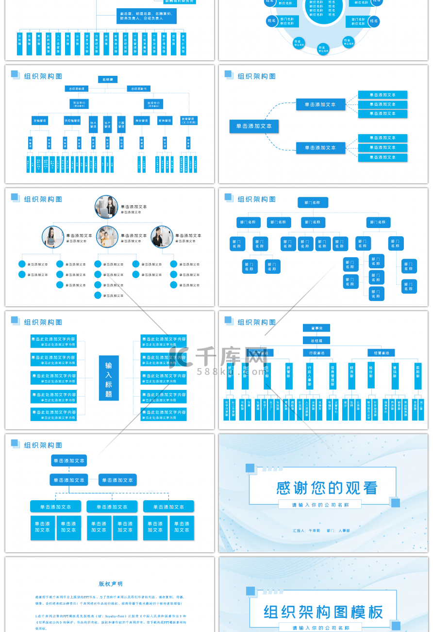 蓝色实用简约商务通用组织架构图ppt模板