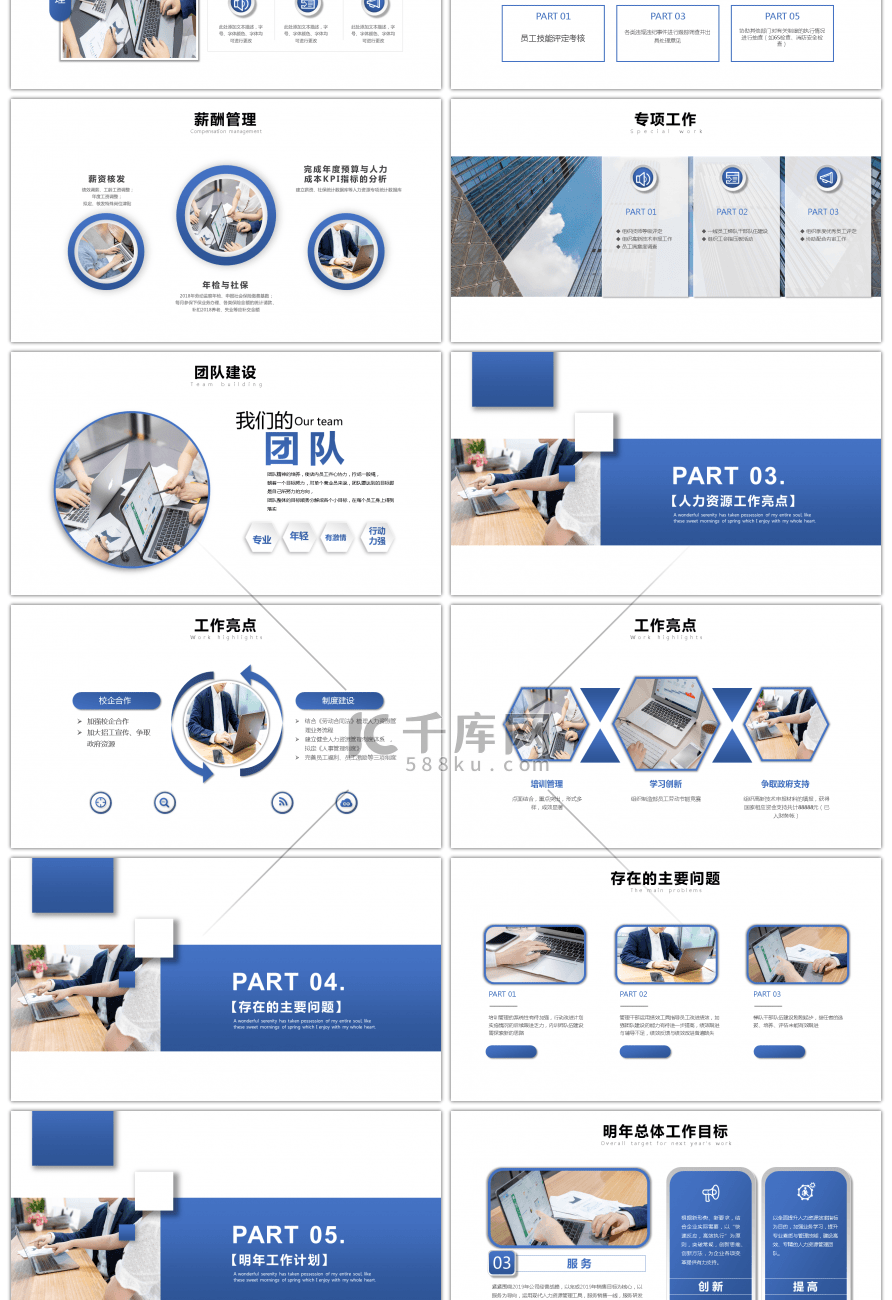 微粒体蓝色人力资源年终总结PPT模板