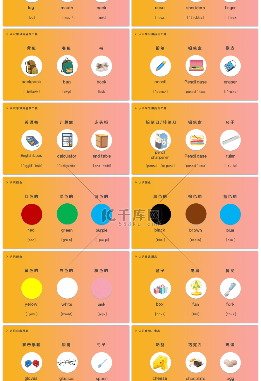 卡通手绘多彩儿童常用英语单词PPT模板