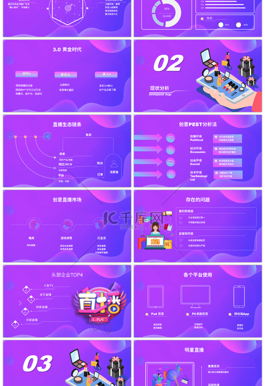紫色渐变卡通风互联网直播研究报告PPT模板